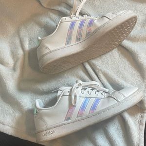 Adidas Superstars 7.5 white holographic stripes shoes